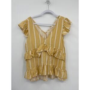 Girl and the Sun Stripe Ruffle V-Neck Yellow Peplum Top Size Small